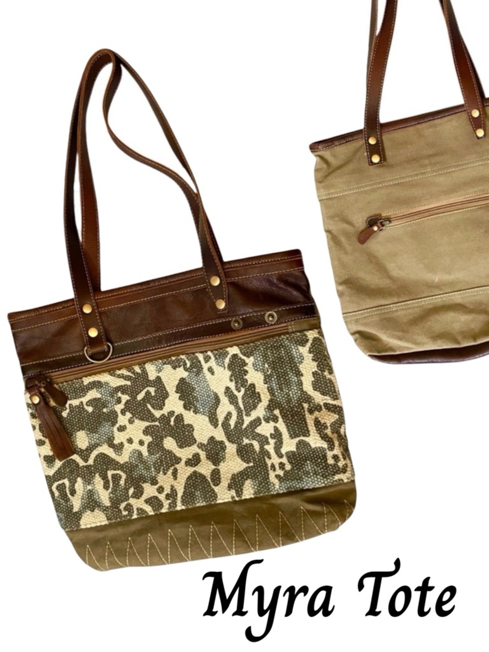 Myra Bag Brown Leather Canvas Camo Print Tote Zipper Top Close Great Detail!